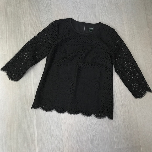 NWOT J. Crew Scalloped Black Lace Top 3/4 Sleeve - Picture 3 of 8